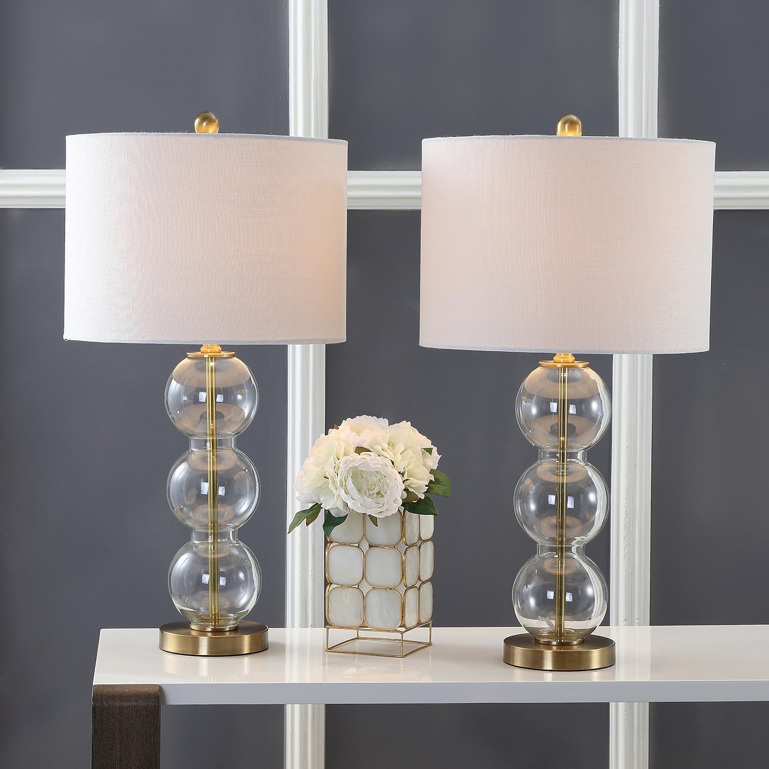 JONATHAN Y 27' Clear/Brass Triple-Sphere Glass Table Lamp Set of 2, Bedside, White Linen Shade, Modern Table Lamps for Living Room, Bedroom, Office, LED Bulbs Included JYL1070A-SET2