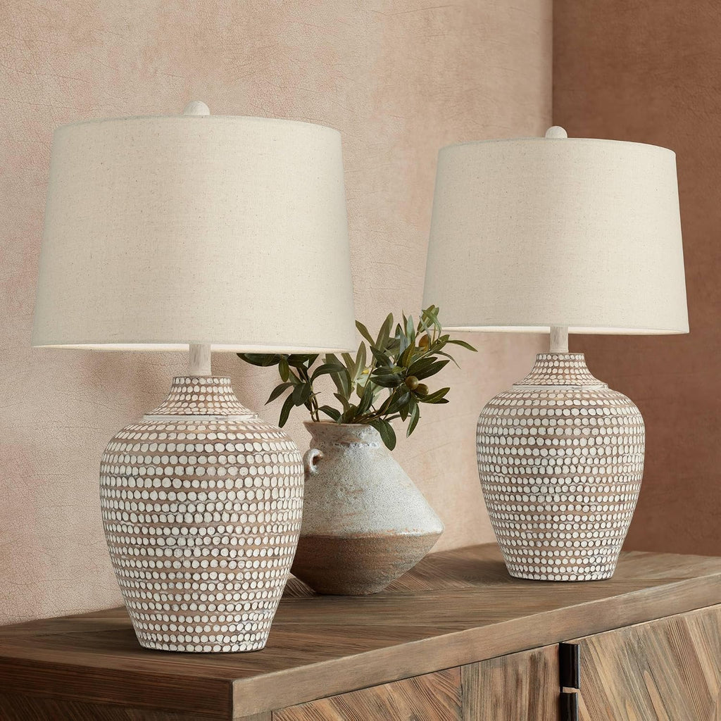 Regency Hill Alese 23 1/2' High Textured Dot Jug Small Farmhouse Rustic Coastal Accent Table Lamps Set of 2 Beige Light Earth Finish Single Oatmeal Shade Living Room Bedroom Bedside Nightstand House