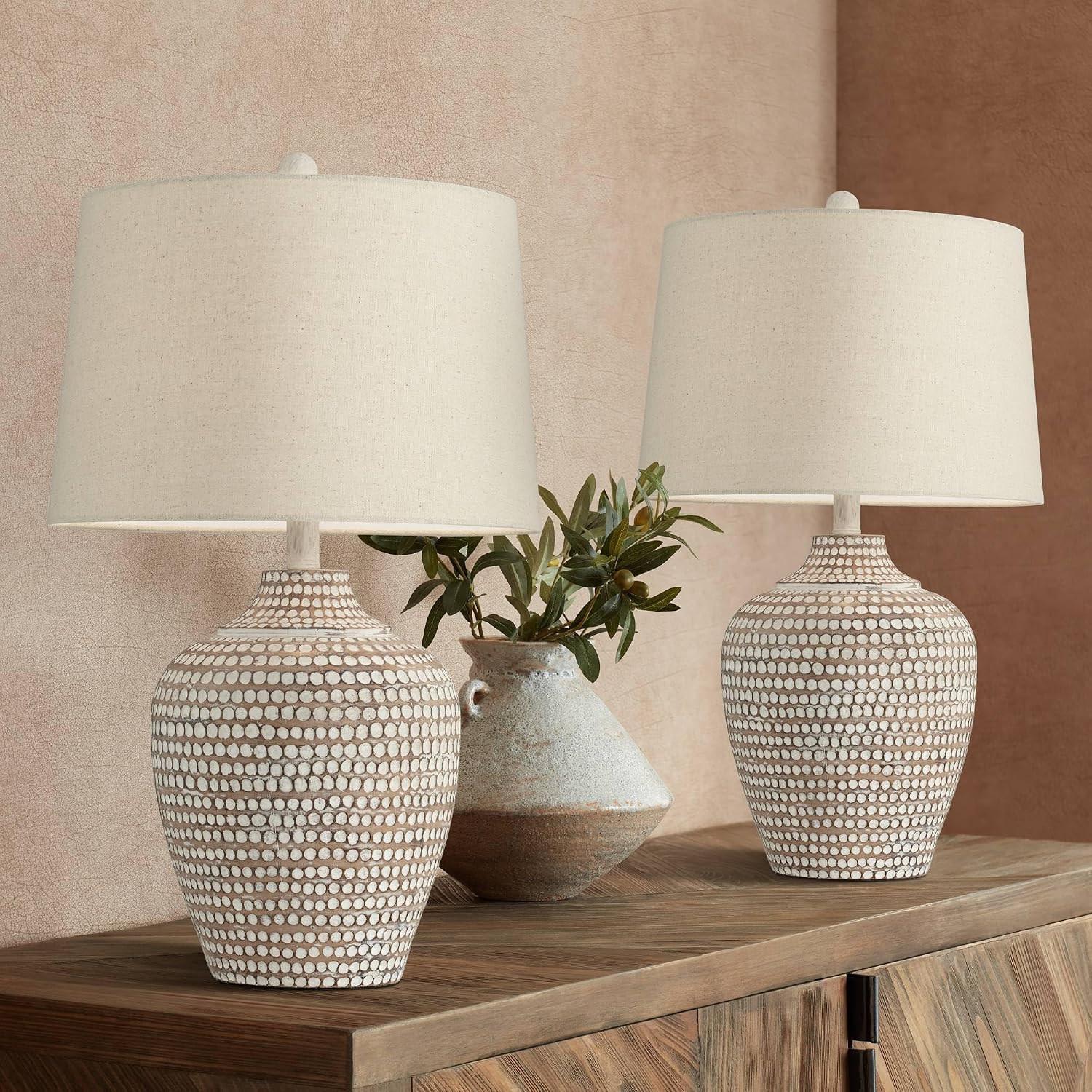 Regency Hill Alese 23 1/2' High Textured Dot Jug Small Farmhouse Rustic Coastal Accent Table Lamps Set of 2 Beige Light Earth Finish Single Oatmeal Shade Living Room Bedroom Bedside Nightstand House