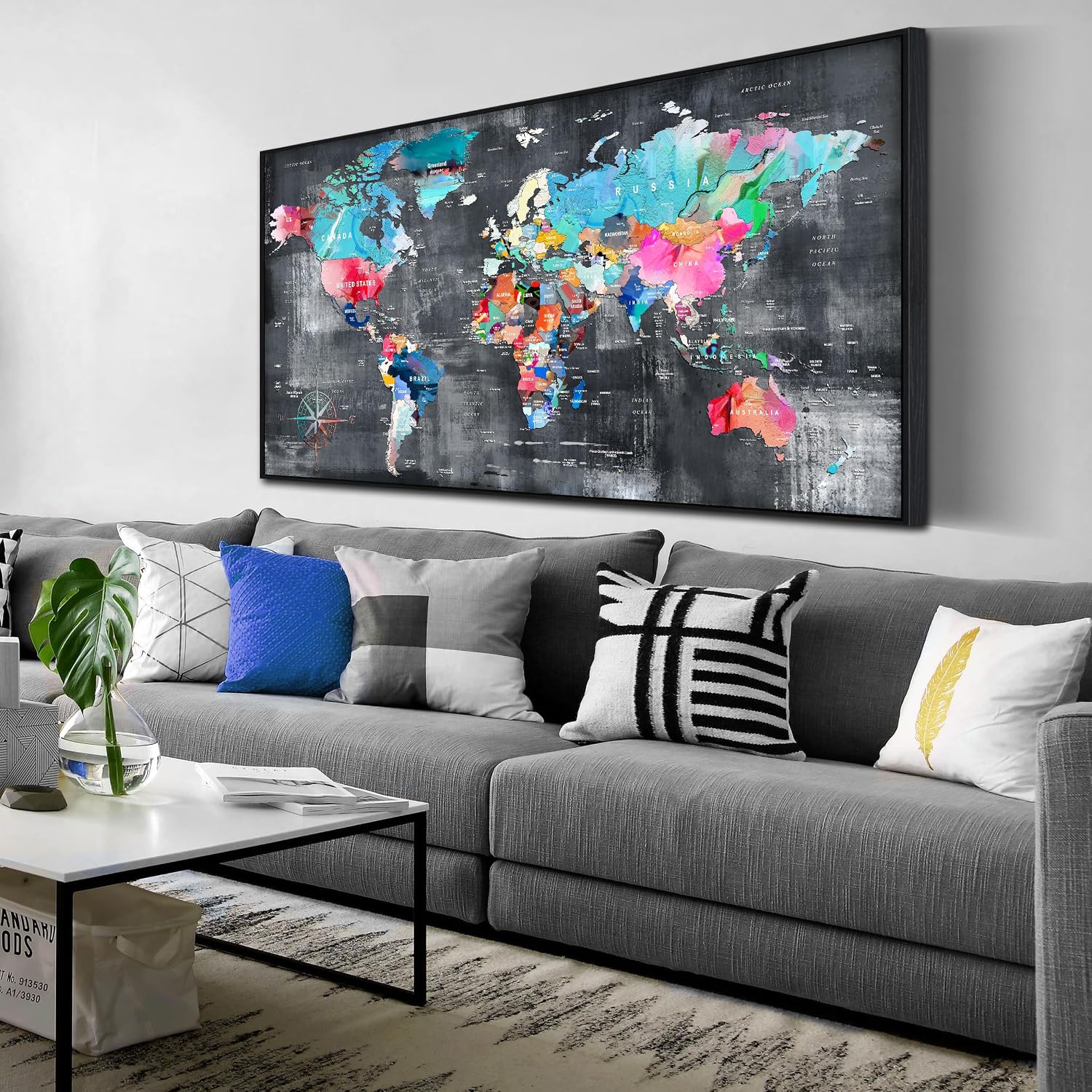 ZHAOSHOP World Map Canvas Wall Art with Frame - Office Artwork Wall Decor - Teal and Gray Wall Art for Living Room Large Size Ready to Hang Size 29' x 59'