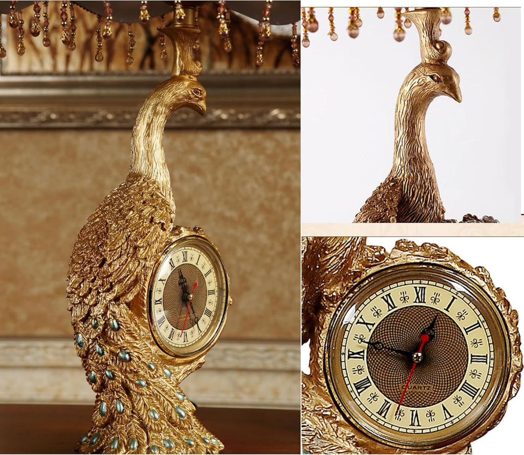 Gold Peacock Table Lamp with Clock Vintage Victorian Table Lamp for Living Room Fabric Shade Antique Bedside Lamp Retro Rustic Desk Nightstand Lamp for Farmhouse Bedroom Home Office Decor
