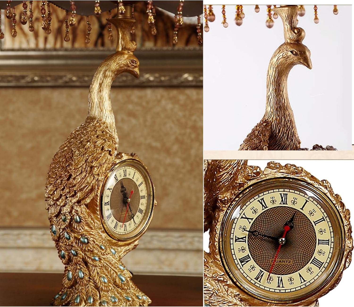 Gold Peacock Table Lamp with Clock Vintage Victorian Table Lamp for Living Room Fabric Shade Antique Bedside Lamp Retro Rustic Desk Nightstand Lamp for Farmhouse Bedroom Home Office Decor