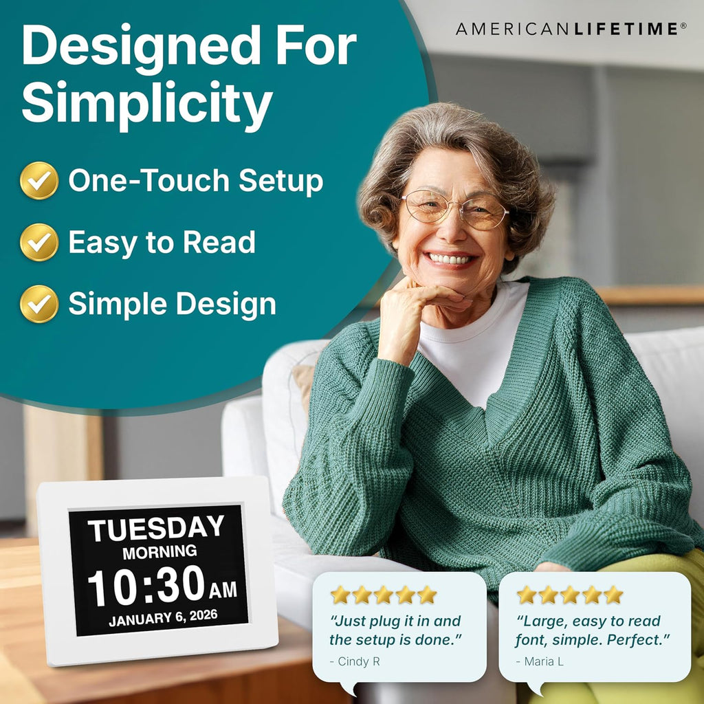 American Lifetime Dementia Clock - Large Digital Clock for Seniors, Custom Alarms, Day & Date Display, White, 15 Inches