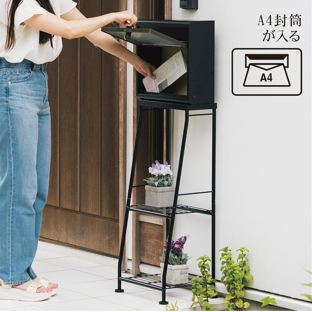 Green Life PS04FH614DM(MBK) Post Stand Set, Outdoor, Compatible with A4 Envelopes, with Dial Lock, Wood Grain Matte Black, Slim, Wood Grain Post Stand Set (Matt Black)