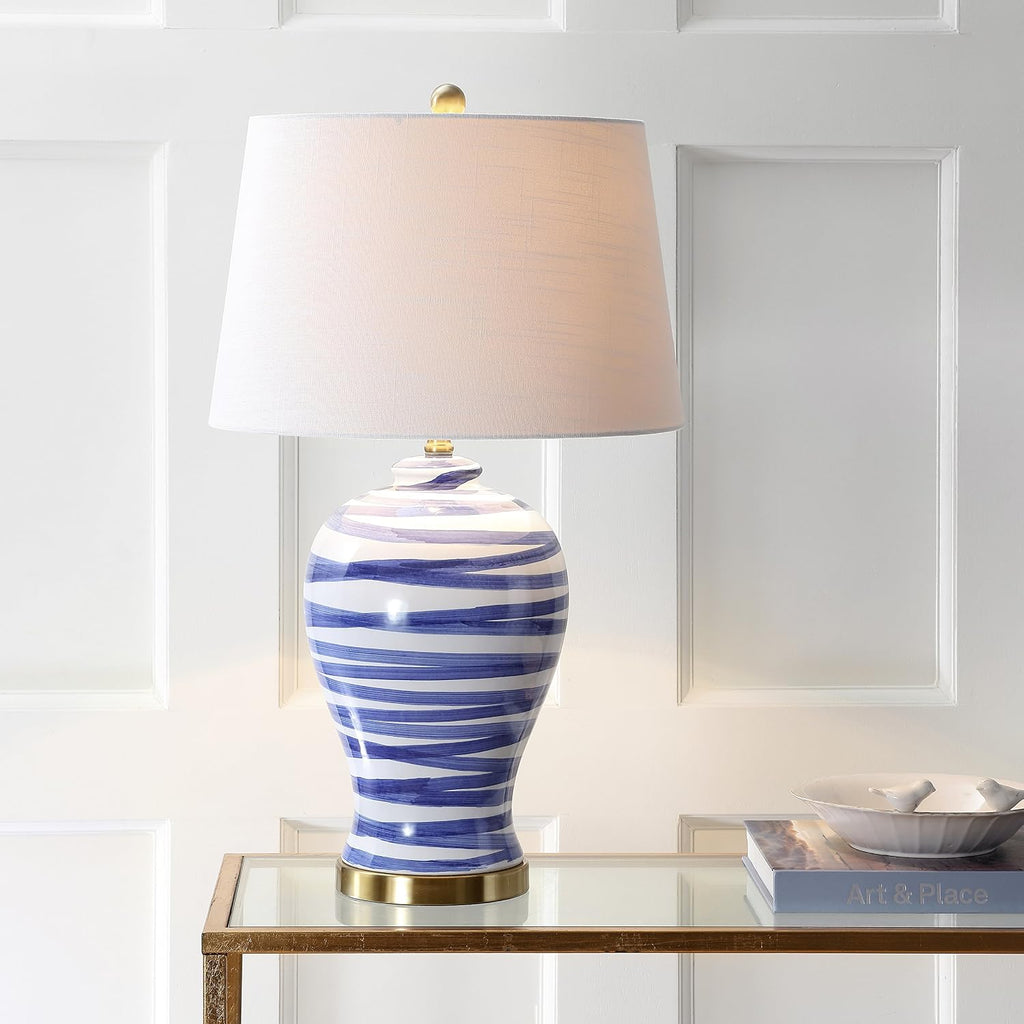 JONATHAN Y 29' Blue/White Ceramic Table Lamp for Living Room Bedroom Office, Modern Coastal Bedside Lamp with White Linen Shade, Traditional Nightstand Lamp, LED Bulb JYL3016A
