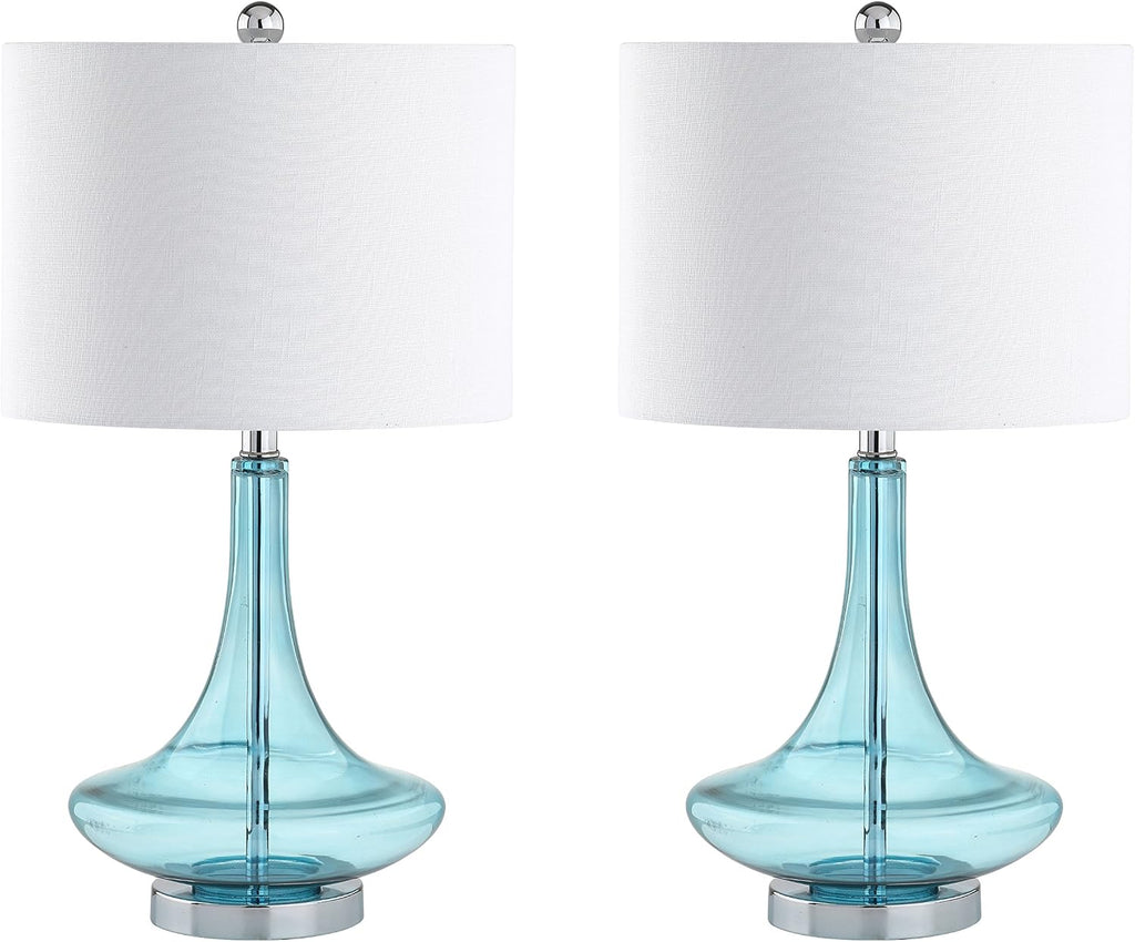 JONATHAN Y 25.5' Aqua/Chrome Glass Teardrop Table Lamp Set of 2 for Bedroom, Modern Bedside Lamps for Living Room, White Linen Drum Shade, LED Bulbs Included (JYL1081B-SET2)