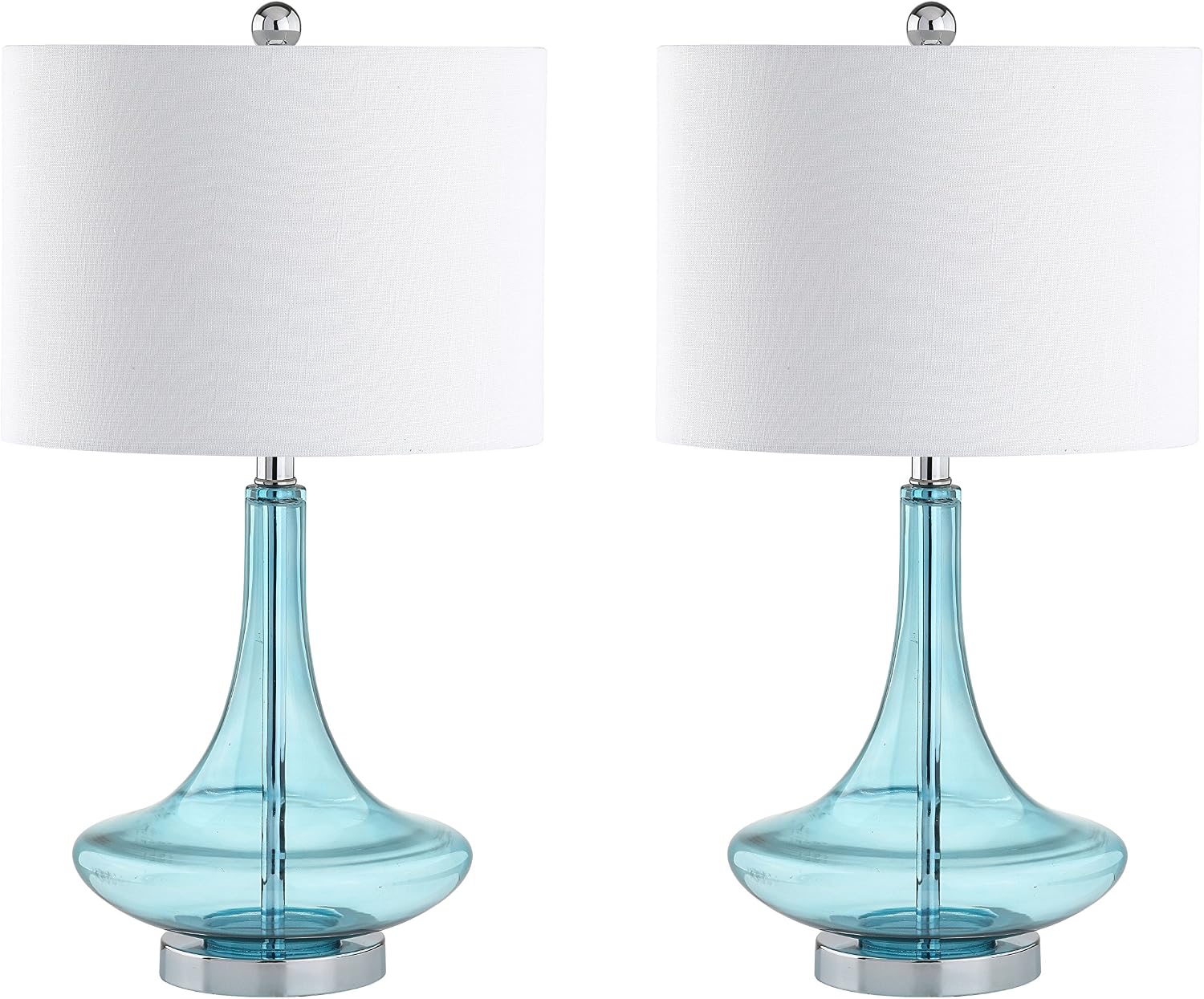 JONATHAN Y 25.5' Aqua/Chrome Glass Teardrop Table Lamp Set of 2 for Bedroom, Modern Bedside Lamps for Living Room, White Linen Drum Shade, LED Bulbs Included (JYL1081B-SET2)