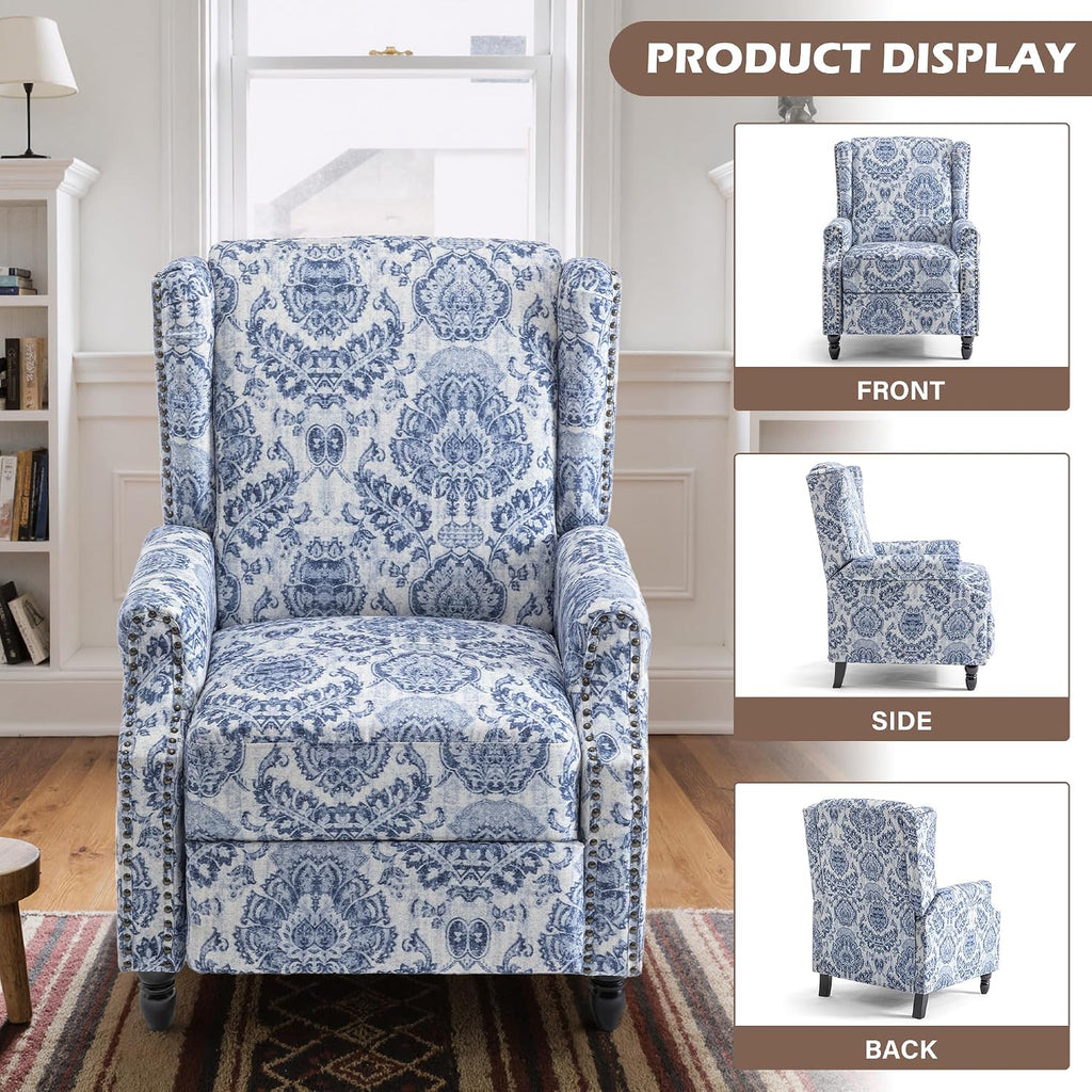 Set of 2 Floral Pushback Recliner Chairs, Fabric Upholstered Rivet Trim Accent Club Chairs for Living Room, Home Theater- Bule Pattern