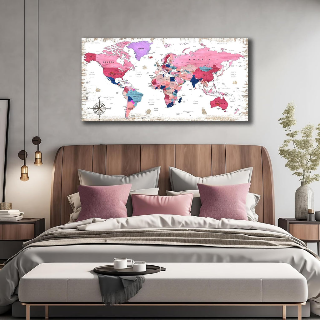ZHAOSHOP Large World Map Canvas Wall-Art - Wall Decor For Girls Bedroom - Pink pictures Wall Decor Ready To Hang Size 59' x 29'