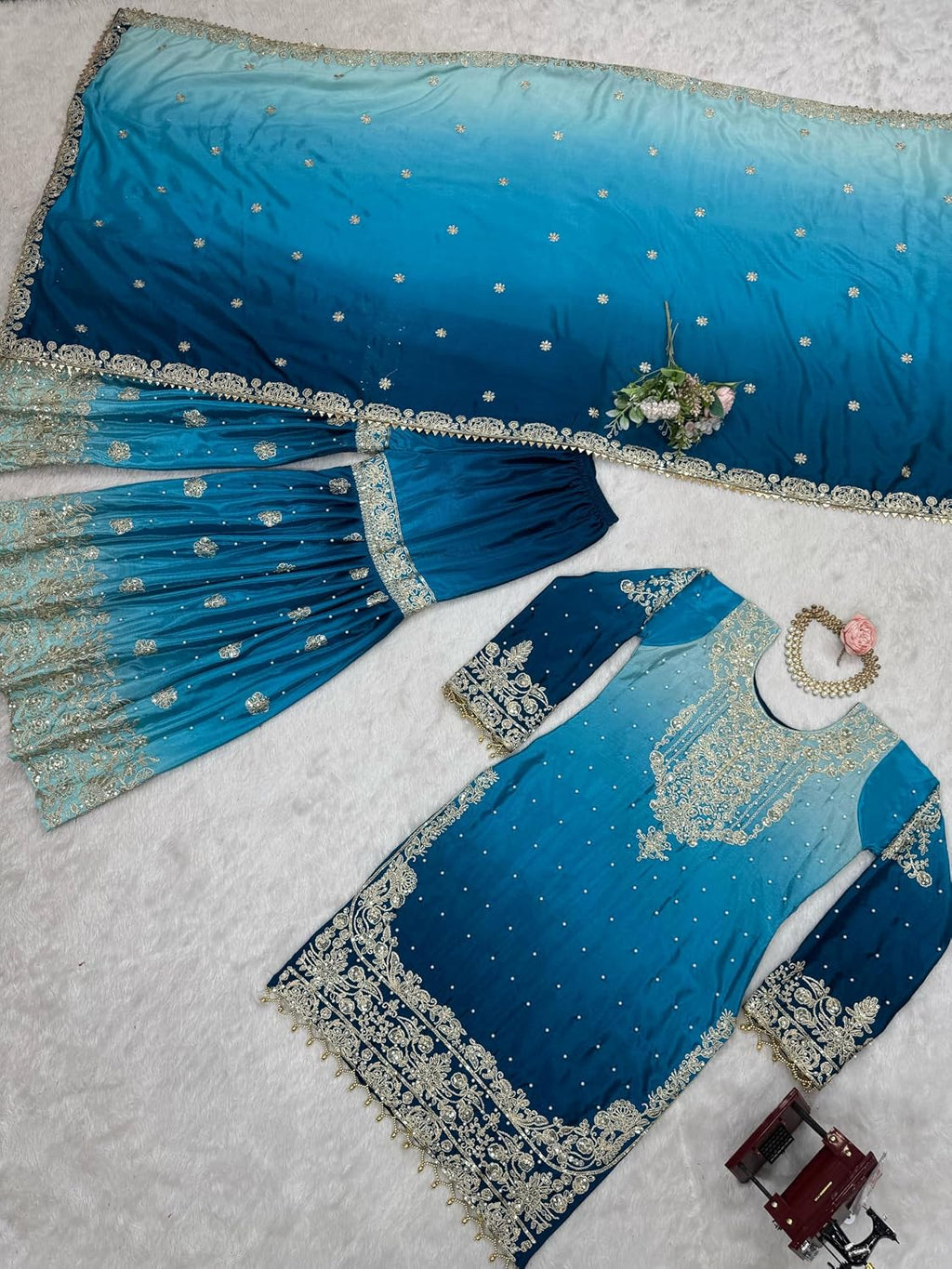 Indian Women's Chinon Silk Fabric Coding Dori Sequence with Rivet Moti Work ShararaSuit 13142