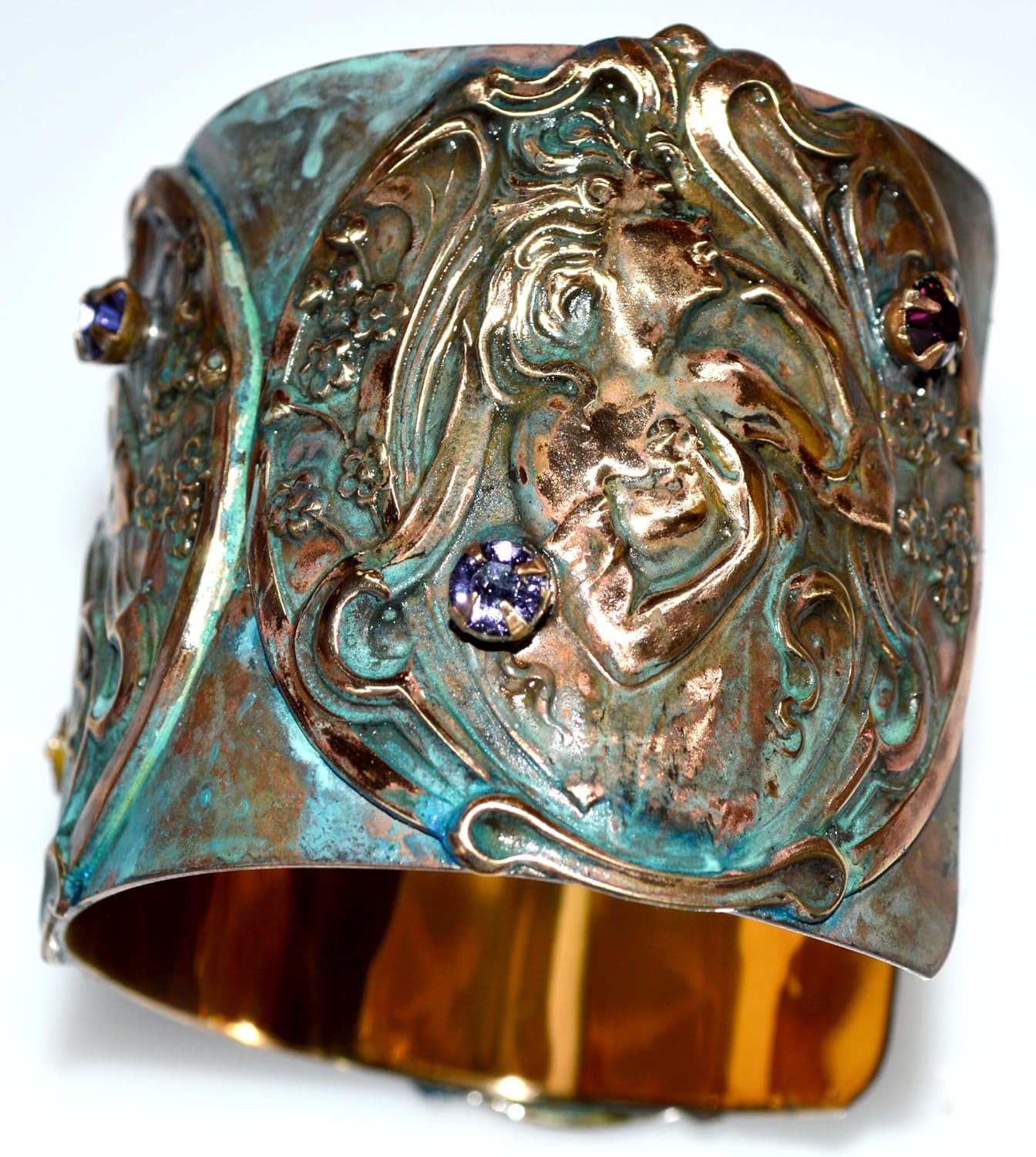 Elaine Coyne Collectible Artwear Patina Brass Art Nouveau Lady with Flowers Cuff Bracelet - European Crystals