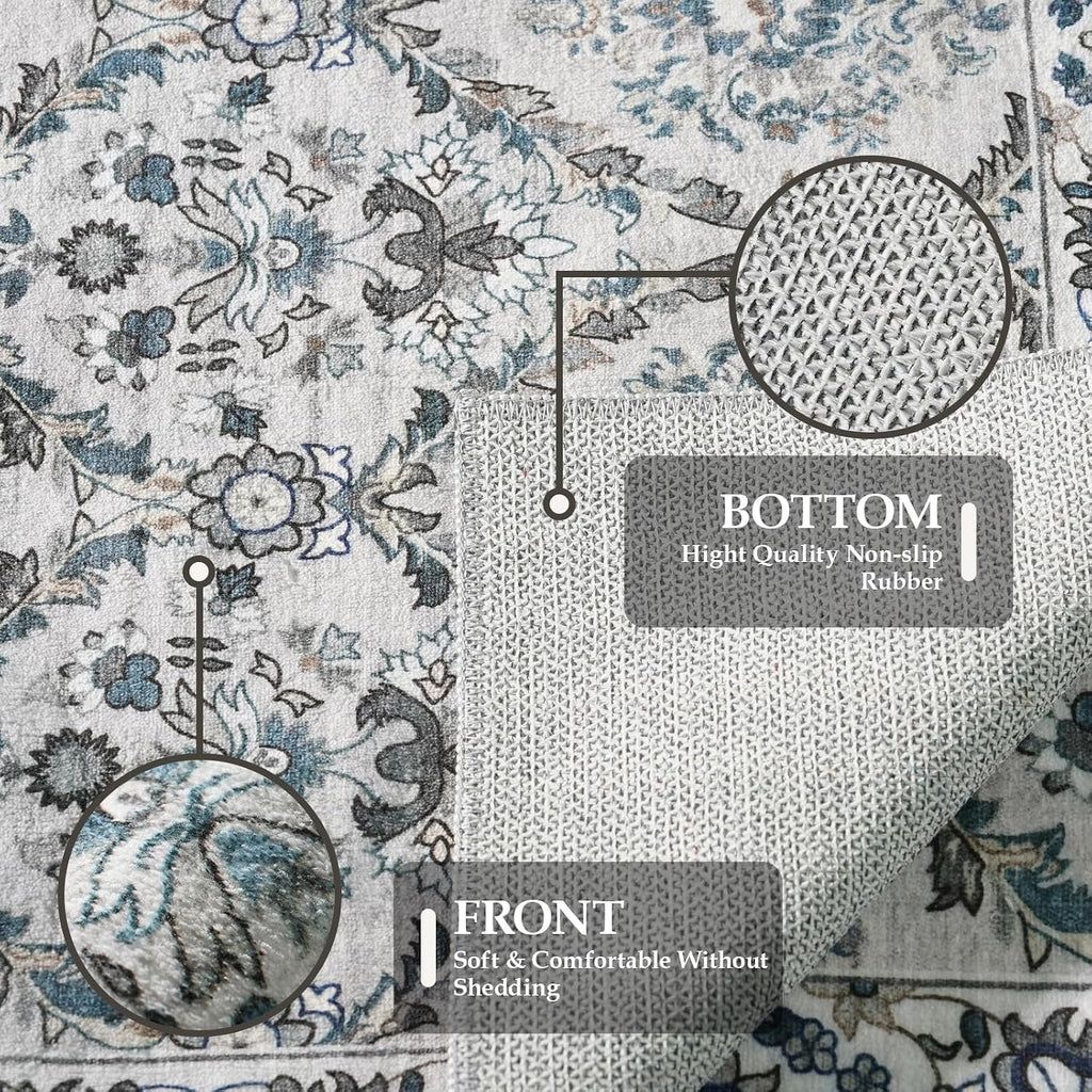 Washable 3x16 Hallway Runner Rug - Soft Kitchen Runner Rugs with Non Slip Rubber Backing Low-Pile Floral Carpet Runners for Bathroom Entryway Laundry Room Home Decor (Grey Blue,3x16)