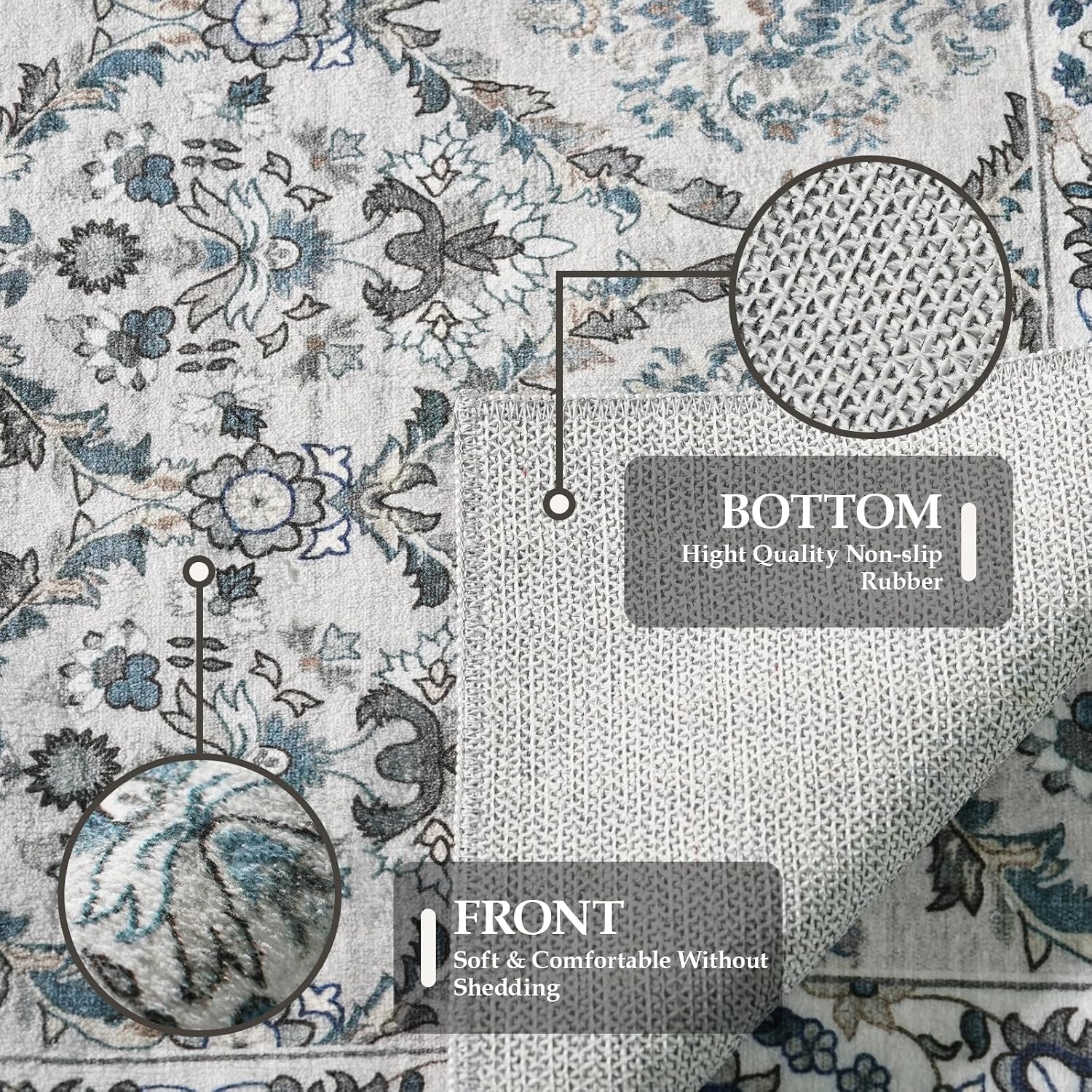 Washable 3x16 Hallway Runner Rug - Soft Kitchen Runner Rugs with Non Slip Rubber Backing Low-Pile Floral Carpet Runners for Bathroom Entryway Laundry Room Home Decor (Grey Blue,3x16)
