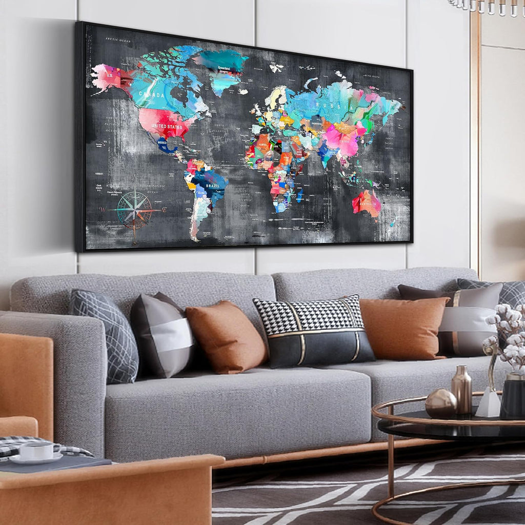 ZHAOSHOP World Map Canvas Wall Art with Frame - Office Artwork Wall Decor - Teal and Gray Wall Art for Living Room Large Size Ready to Hang Size 29' x 59'