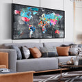 ZHAOSHOP World Map Canvas Wall Art with Frame - Office Artwork Wall Decor - Teal and Gray Wall Art for Living Room Large Size Ready to Hang Size 29' x 59'