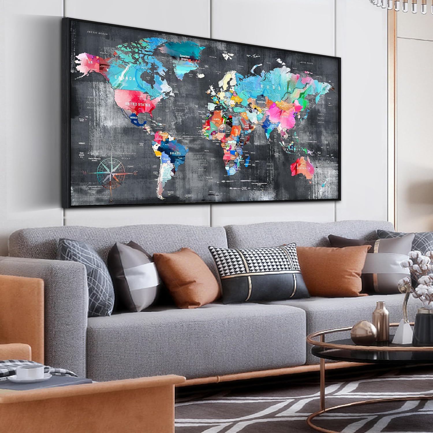 ZHAOSHOP World Map Canvas Wall Art with Frame - Office Artwork Wall Decor - Teal and Gray Wall Art for Living Room Large Size Ready to Hang Size 29' x 59'