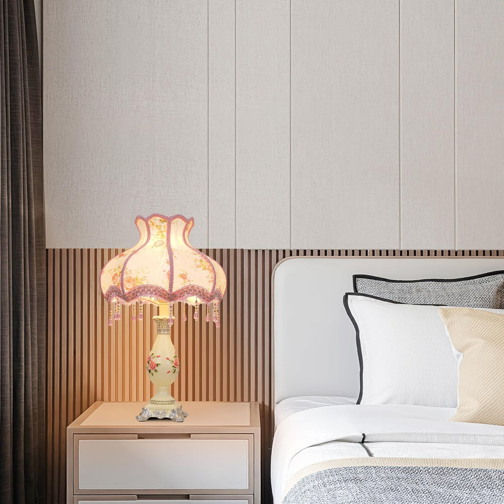 Cute Table Lamp with Fabric Lampshade, Antique Flower Decorative Bedside Desk Nightstand Lamp, Handmade Night Light for Bedroom Living Room (Pink and Beige)