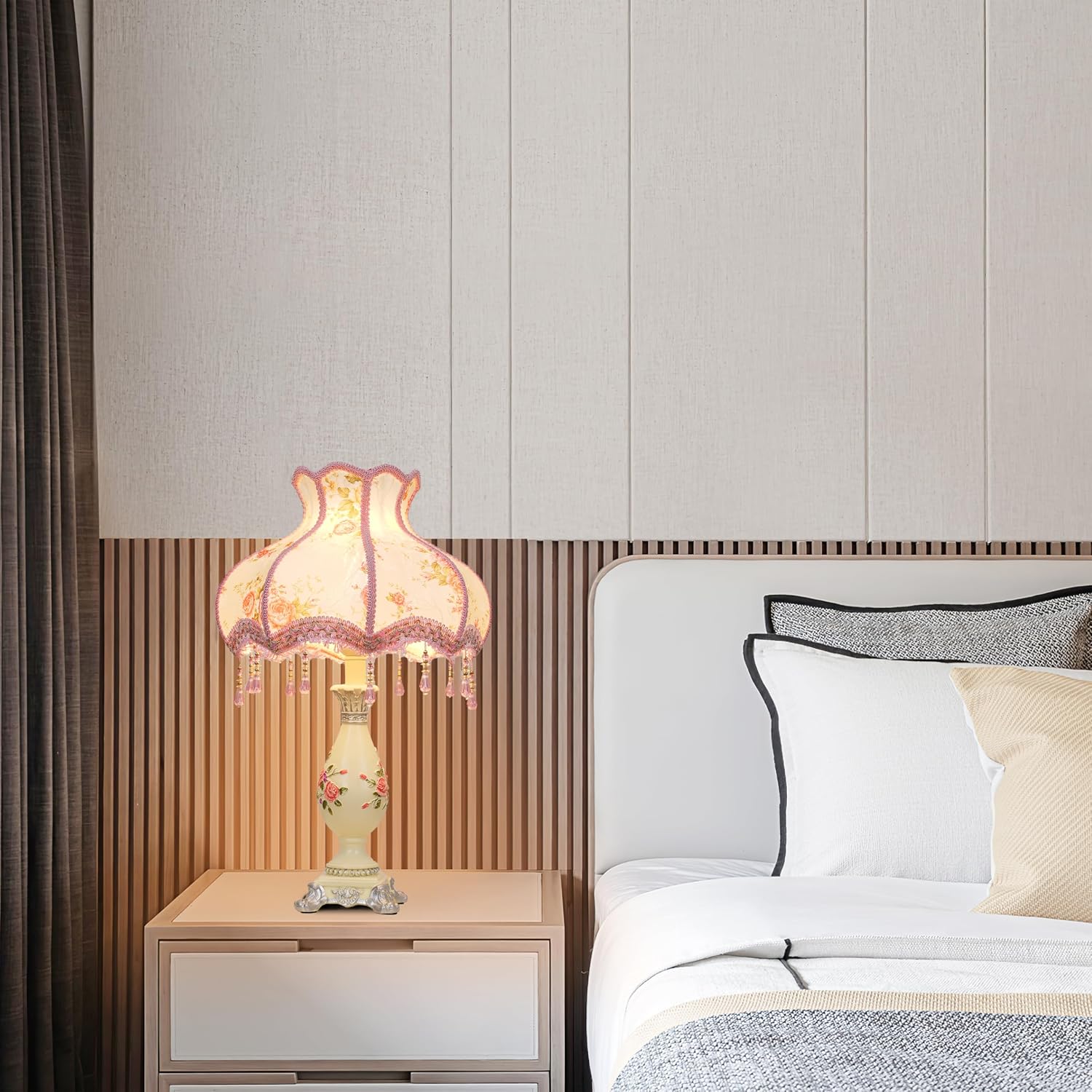 Cute Table Lamp with Fabric Lampshade, Antique Flower Decorative Bedside Desk Nightstand Lamp, Handmade Night Light for Bedroom Living Room (Pink and Beige)