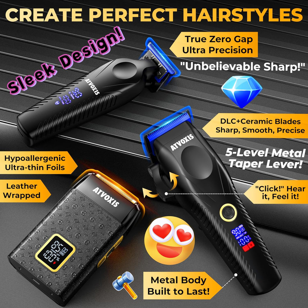 9000 RPM Brushless Motor Professional Hair Clippers Set for Men: Cordless Clippers & Zero Gap Trimmers with DLC Blades LED Display Fast Charging Stands Travel Pouch Maquina Para Cortar Pelo De Hombre