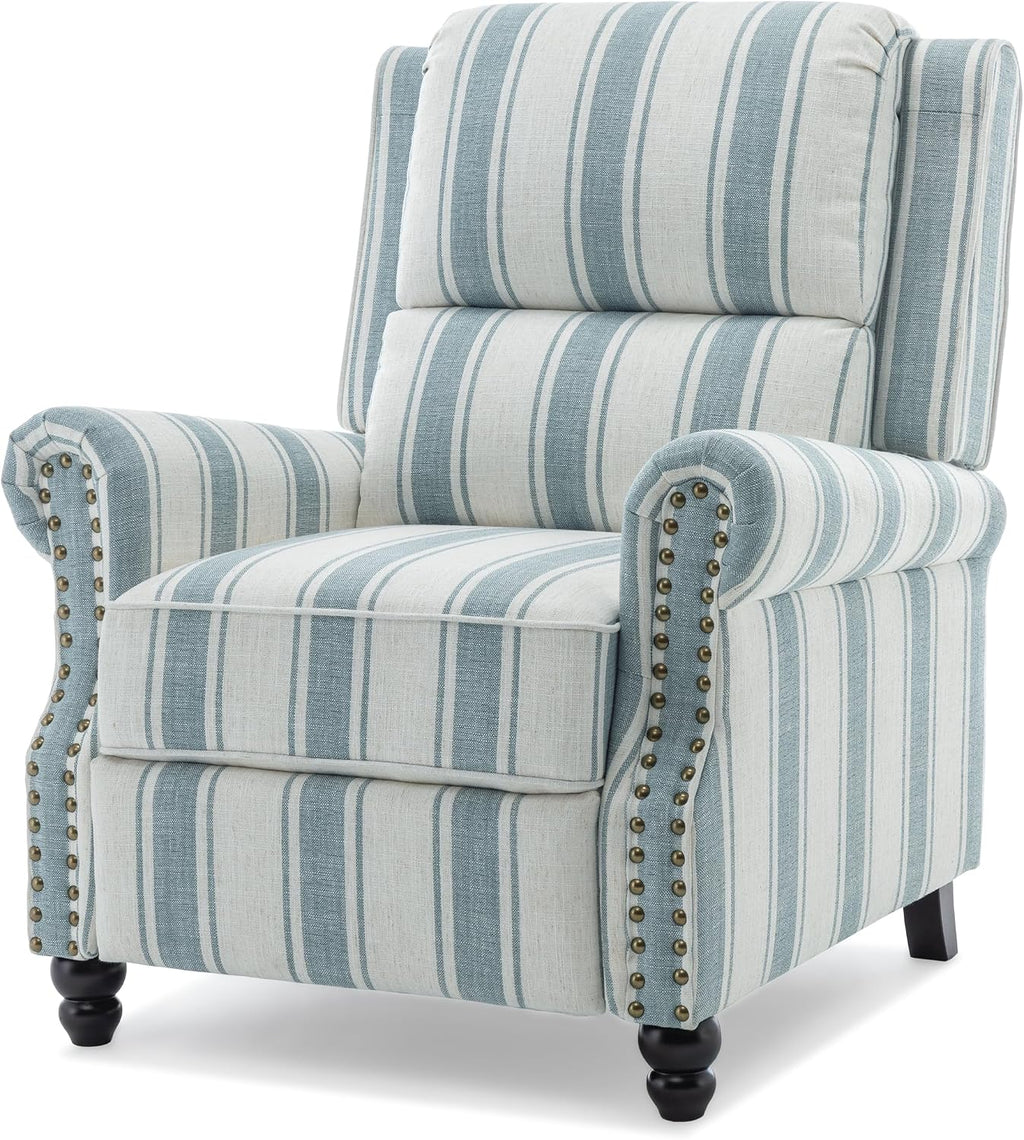 Pushback Recliner Chair, Comfy Fabric Wingback Recliner Chair, Upholstered Armchair Push Back Recliner with Wood Legs, Rivet Trim Single Sofa Accent Chair for Living Room, Bedroom, Blue Stripe