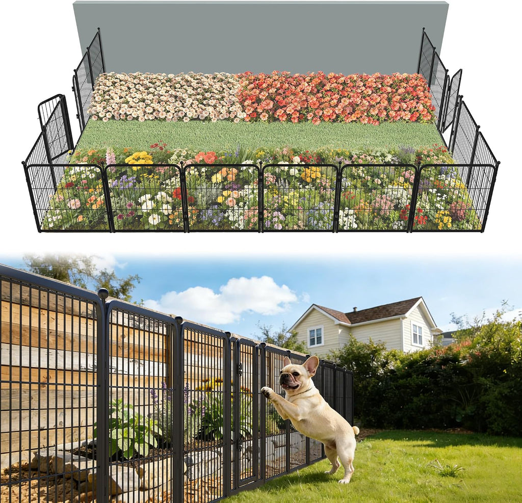 FXW Garden Fence Outdoor for the Yard – 24in(H) x 30.4ft(L) Heavy Duty Metal Animal Barrier for Dog, No Dig Decorative Dog Fence, 16 Panels, Black