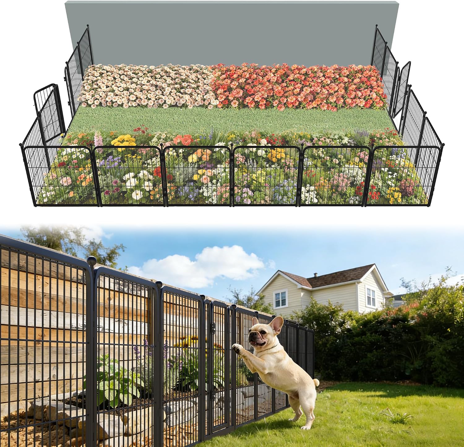 FXW Garden Fence Outdoor for the Yard – 24in(H) x 30.4ft(L) Heavy Duty Metal Animal Barrier for Dog, No Dig Decorative Dog Fence, 16 Panels, Black