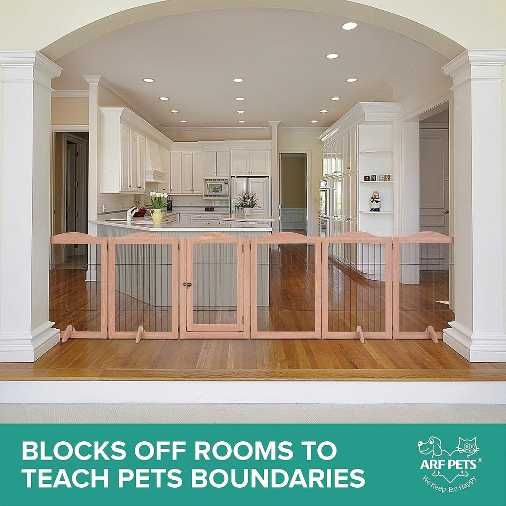 Arf Pets Freestanding Dog Gate with Door, 6 Panel 360° configurable Wooden Wire Fence, 132' Wide, 31.5' Tall, Foldable, Five Support Feet Included, for The House - Indoor Use