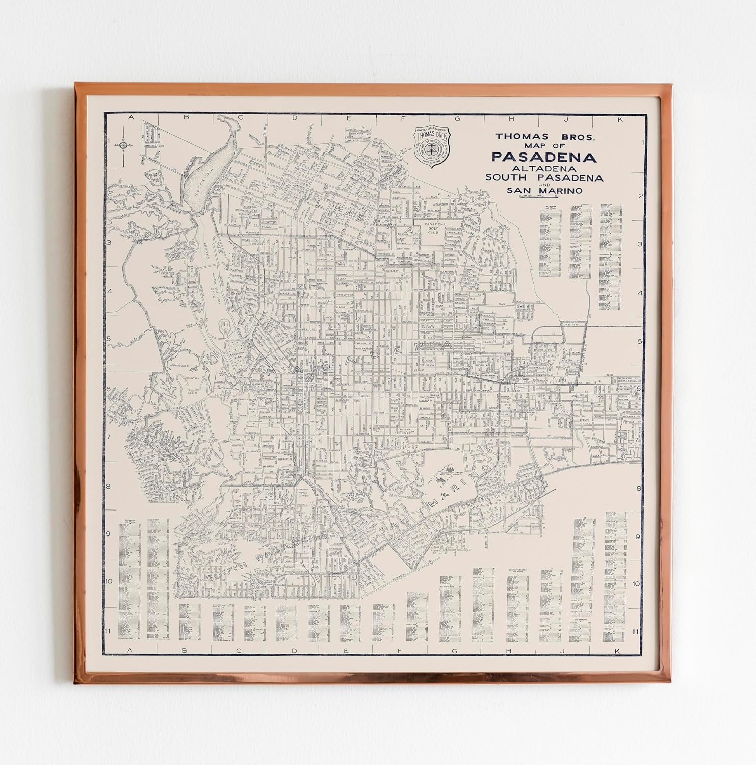 Historic Pictoric 1938 Pasadena, Altadena, South Pasadena & San Marino, California Road Map Print - 44in x 44in