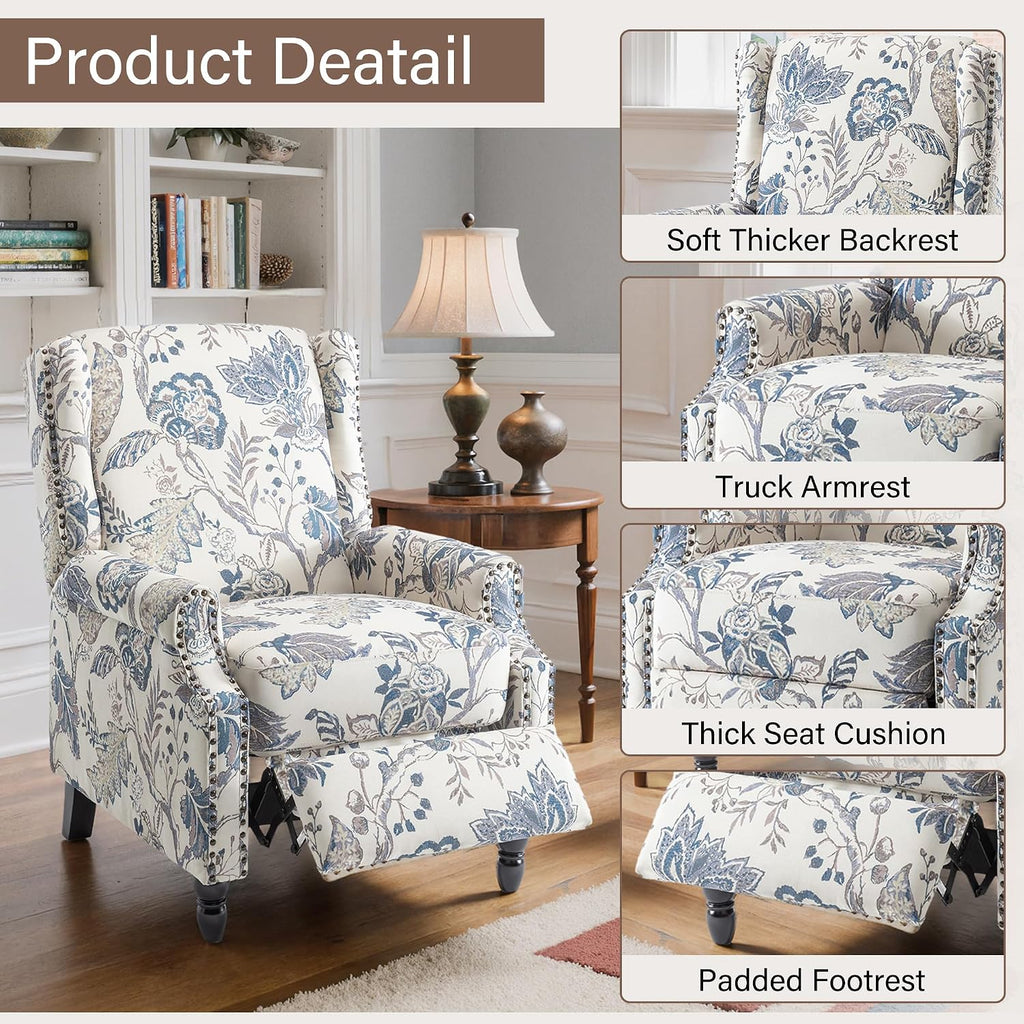 Set of 2 Floral Pushback Recliner Chairs, Fabric Upholstered Rivet Trim Accent Club Chairs for Living Room, Home Theater- Bule Plant
