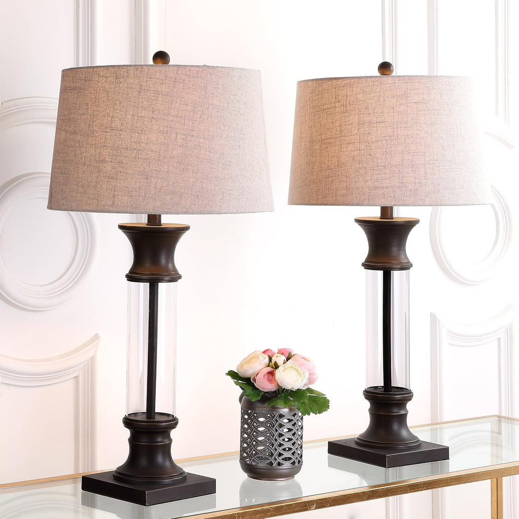 JONATHAN Y 32' Bronze and Clear Glass Table Lamp Set of 2 for Living Room, Rustic Farmhouse Bedside Nightstand Lamps with Gray Linen Drum Shade, LED Bulbs Included JYL4000A-SET2