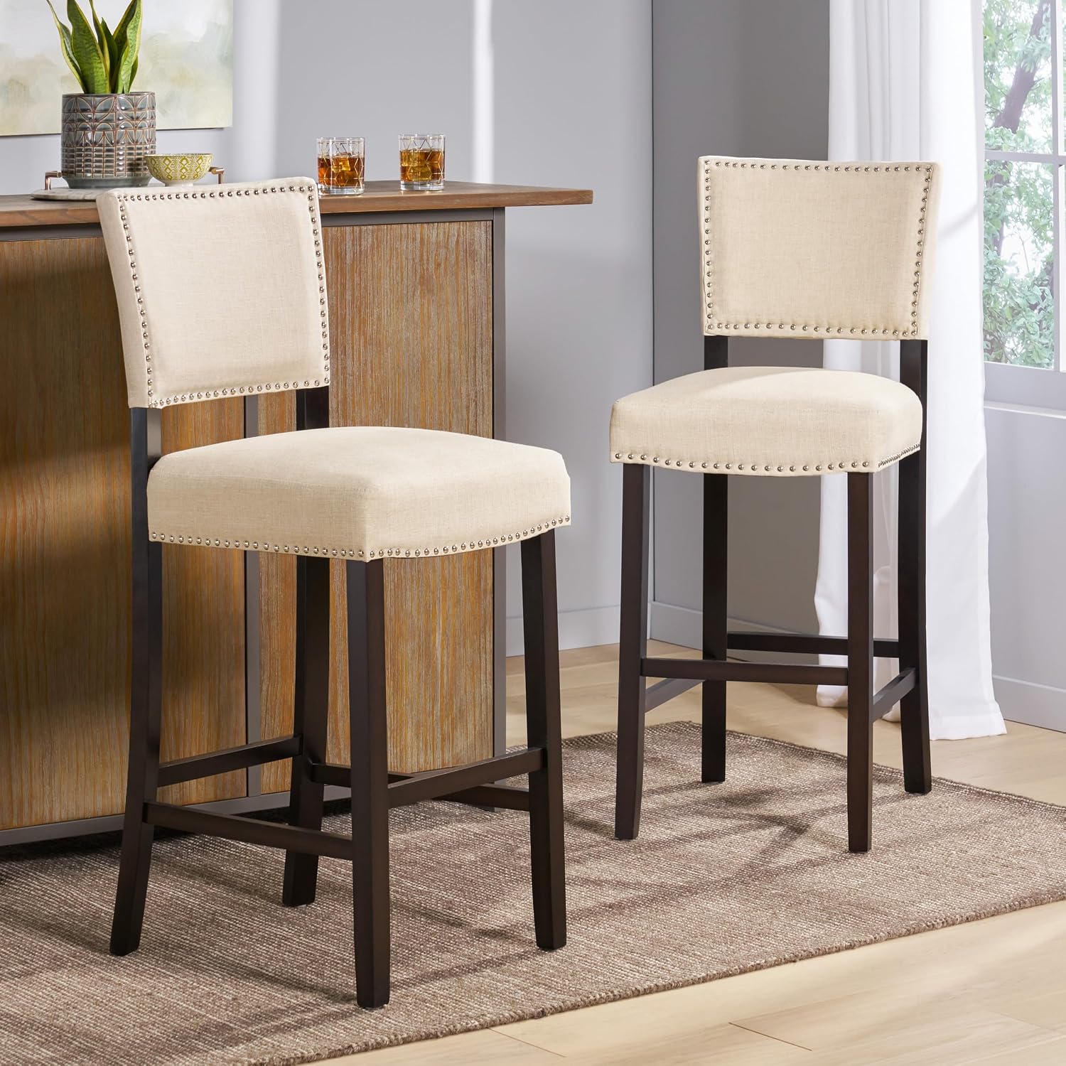 GOWE Barstools with Rivet Decoration Set of 2, Wood Frame,Fabric Sponge Cushion and Upholstered Barstools, Bar Chairs for Kitchen Island,Bedroom,Dining Room.