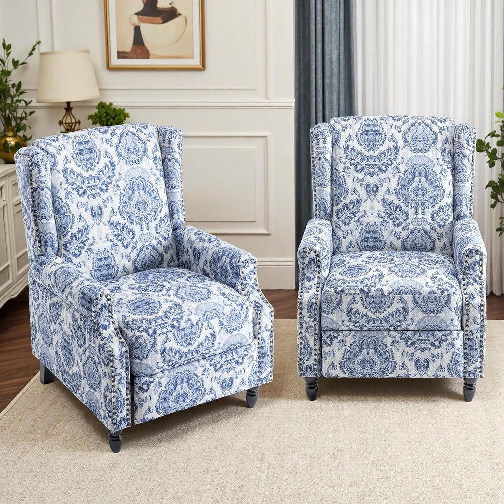 Pushback Recliner Chair, Floral Fabric Wingback Recliner Chair, Upholstered Rivet Trim Armchair Push Back Recliner Accent Chair for Small Spaces, Living Room, Navy