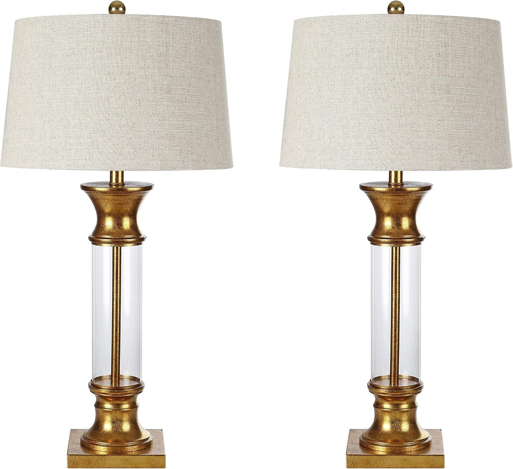 JONATHAN Y 32' Gold/Clear Glass Table Lamp Set of 2 for Living Room, Rustic Farmhouse Bedside Nightstand Lamps with Gray Linen Drum Shade, LED Bulbs Included (JYL4000B-SET2)