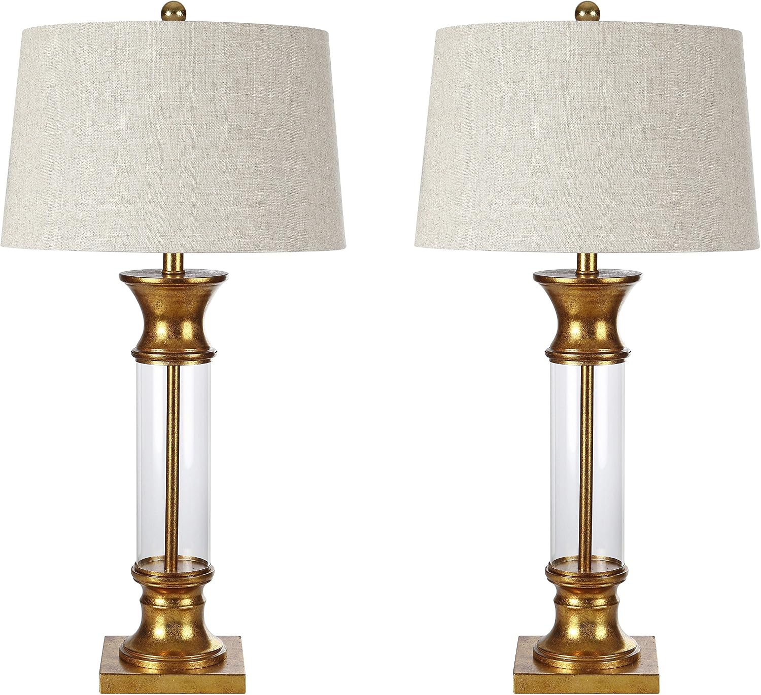 JONATHAN Y 32' Gold/Clear Glass Table Lamp Set of 2 for Living Room, Rustic Farmhouse Bedside Nightstand Lamps with Gray Linen Drum Shade, LED Bulbs Included (JYL4000B-SET2)