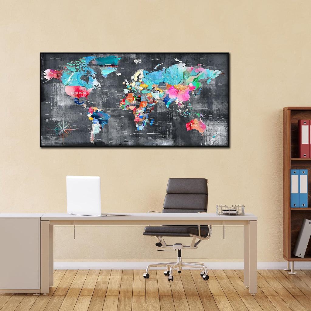 ZHAOSHOP World Map Canvas Wall Art with Frame - Office Artwork Wall Decor - Teal and Gray Wall Art for Living Room Large Size Ready to Hang Size 29' x 59'