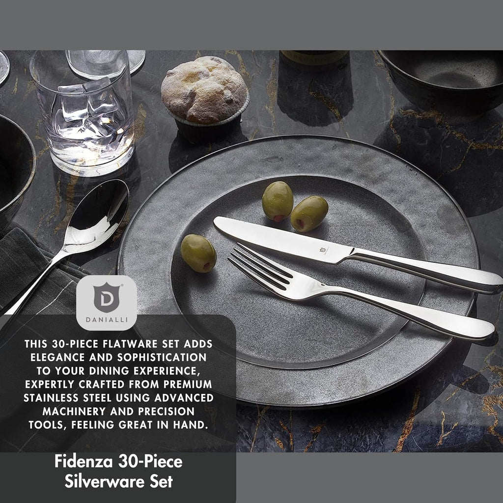 Danialli Silverware Set for 6 – 18/10 Stainless Steel Flatware, Mirror Finish, Dishwasher Safe, Durable and Balanced Utensils, Modern Tableware (30-Piece Set, Fidenza)