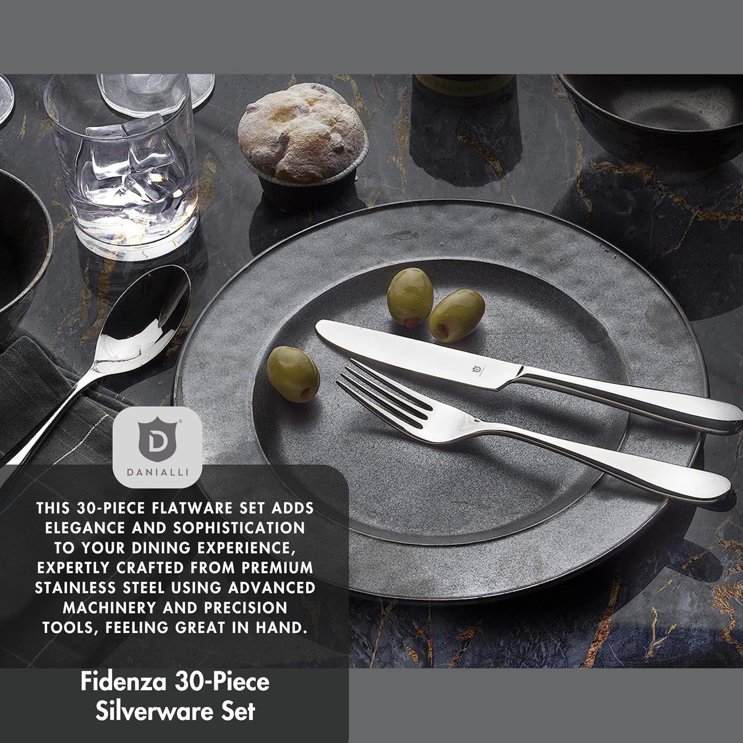 Danialli Silverware Set for 6 – 18/10 Stainless Steel Flatware, Mirror Finish, Dishwasher Safe, Durable and Balanced Utensils, Modern Tableware (30-Piece Set, Fidenza)