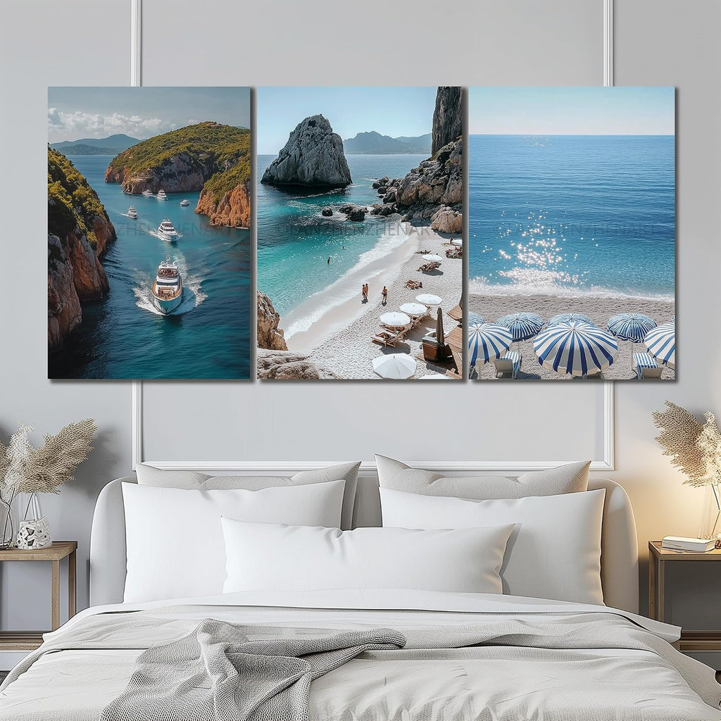 LANZHENZHENART 3Pcs European Coastal Beach Wall Art Greece Travel Picture Canvas Painting Prints For Home Dining Room Living Room Wall Decor Poster Artwork(20' x 30' x 3 Panels Framed)