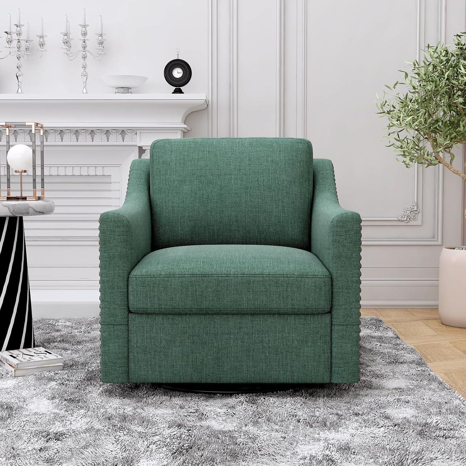 360° Swivel Armchair, Cotton Linen Skin-Friendly Fabric, Ergonomic Design with Brass Nail Decor, Accent Chair for Living Room & Bedroom