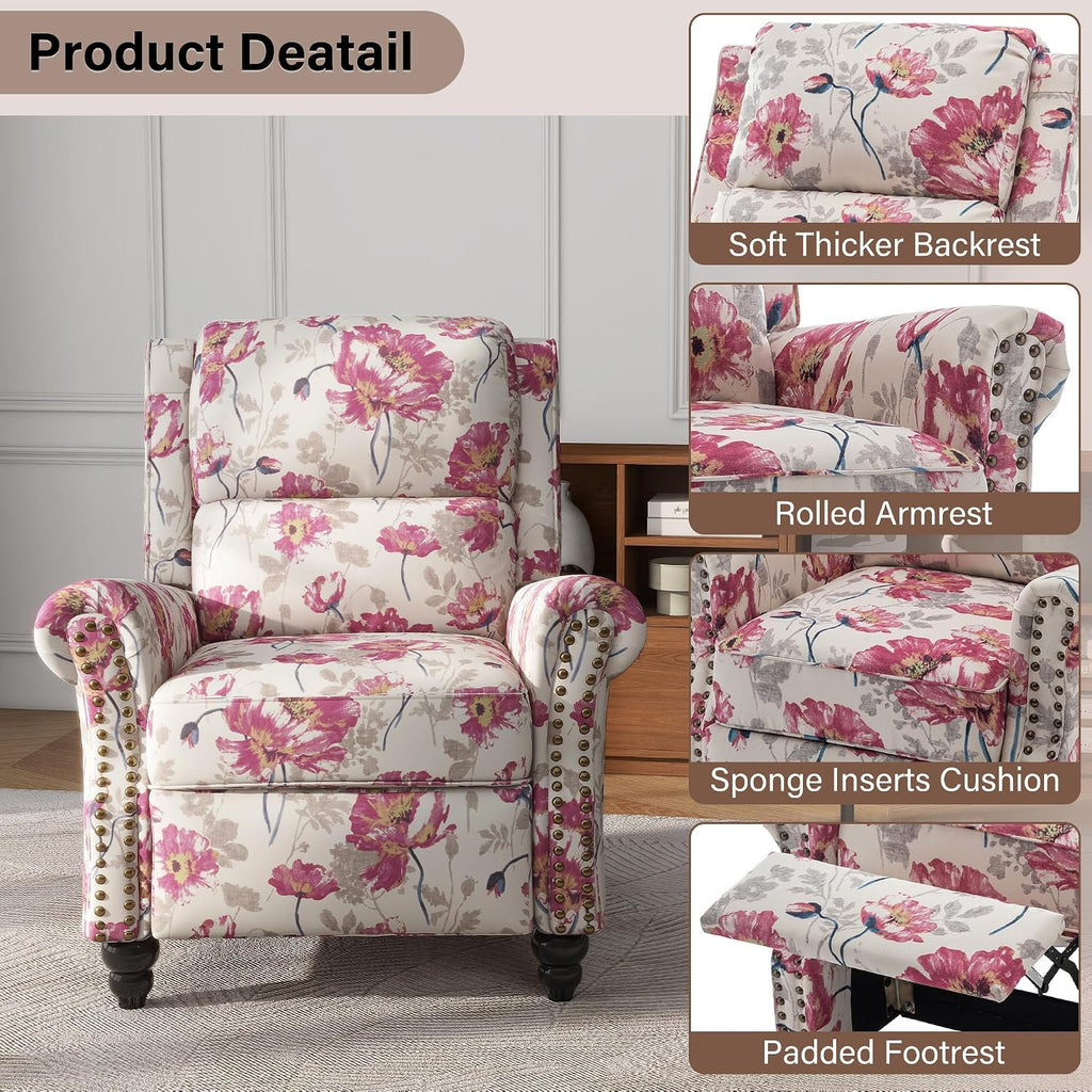 Floral Pushback Recliner Chairs Set of 2, Fabric Overstuffed Armchair Push Back Accent Chair for Living Room, Rivet Trim Club Chair Home Theater Single Sofa Bedroom Reading Seat