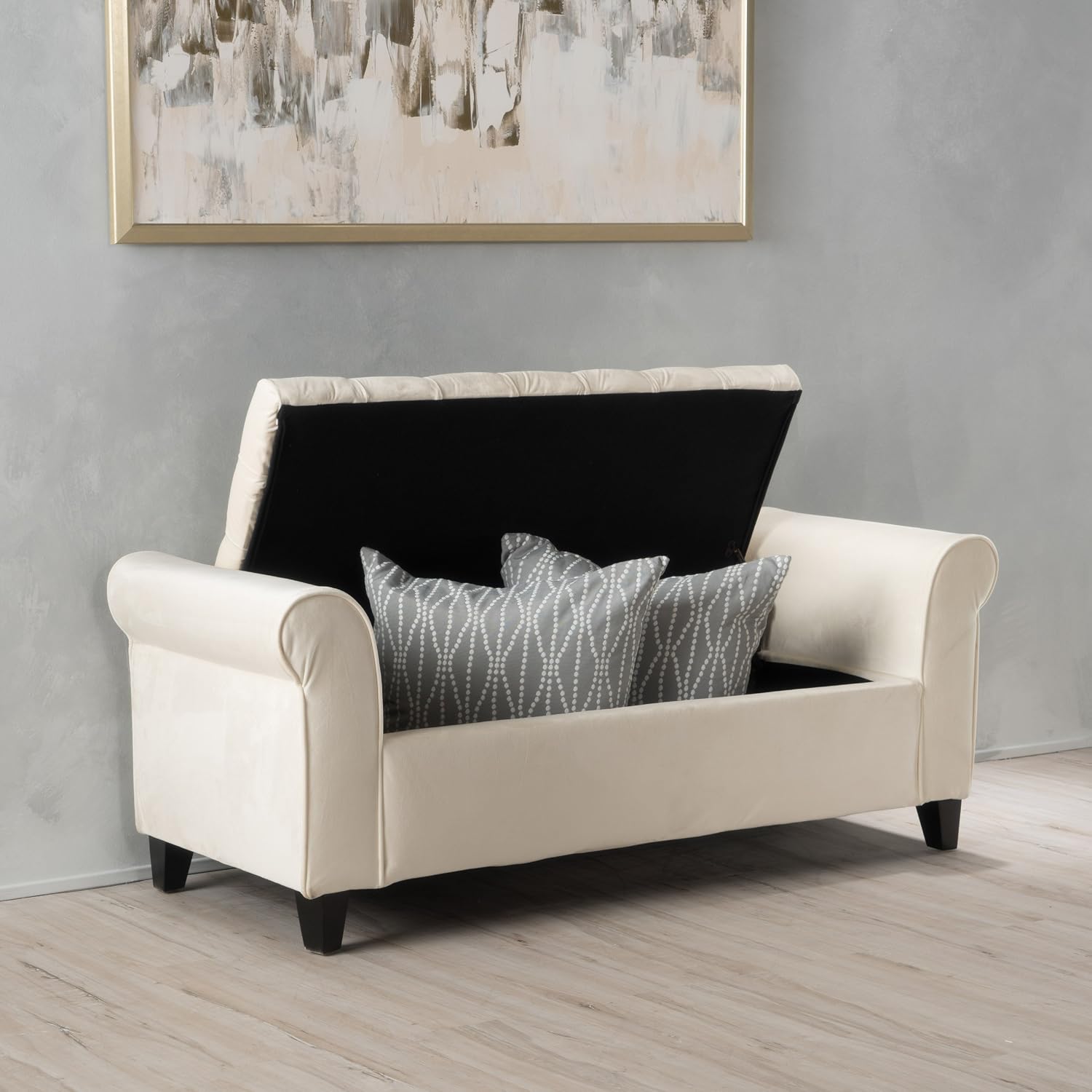 Upholstered Storage Bench, 50-inch Ivory Fabric with Rivet-Trimmed Armrests and Black Legs Bedroom Upholstered Window Seat Bench Storage Bench Suitable for Living Rooms, Bedrooms, and Entryways