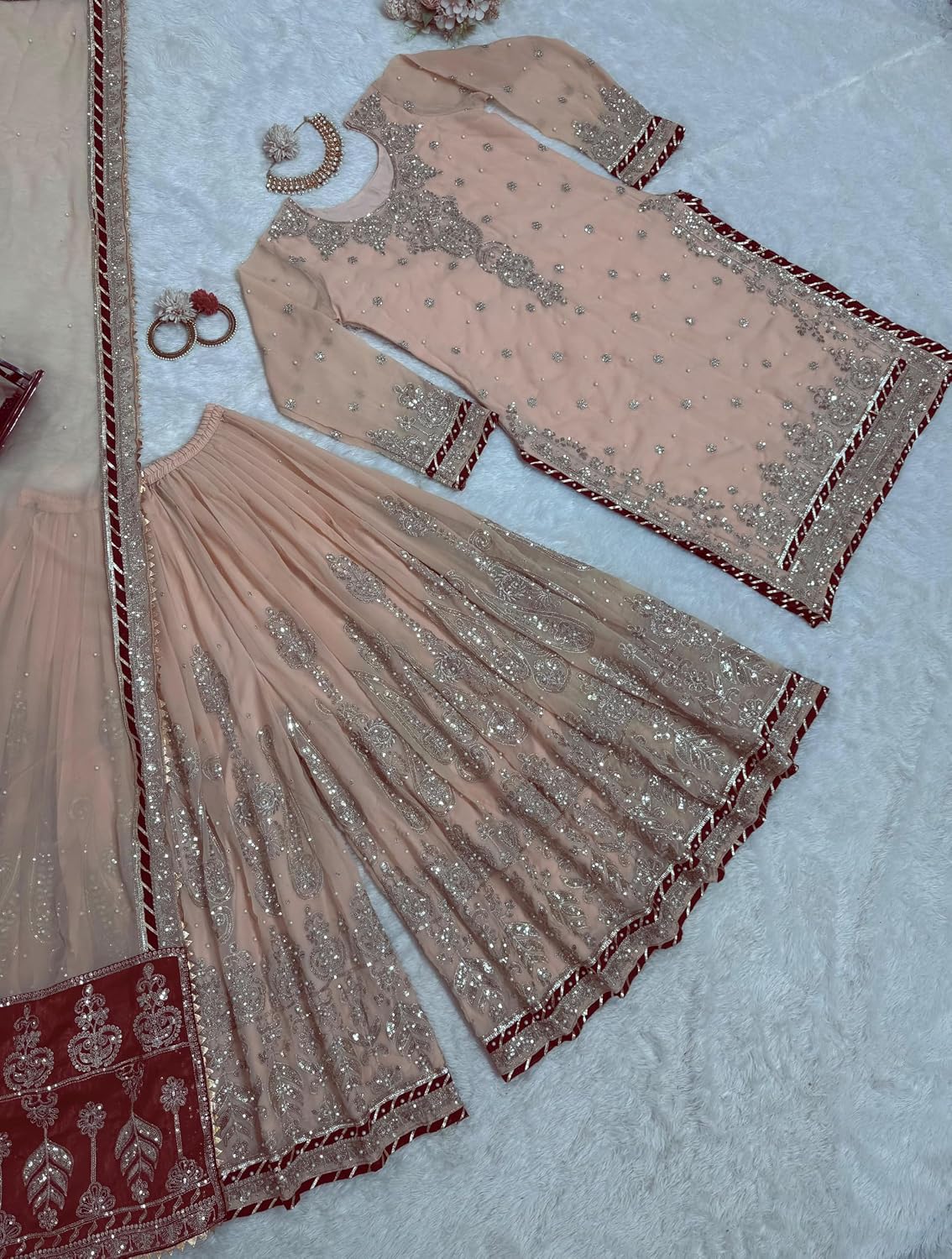 Indian Women's Foux Gorgette Fabric Thread Sequnce Rivet Moti Work Suit 12303