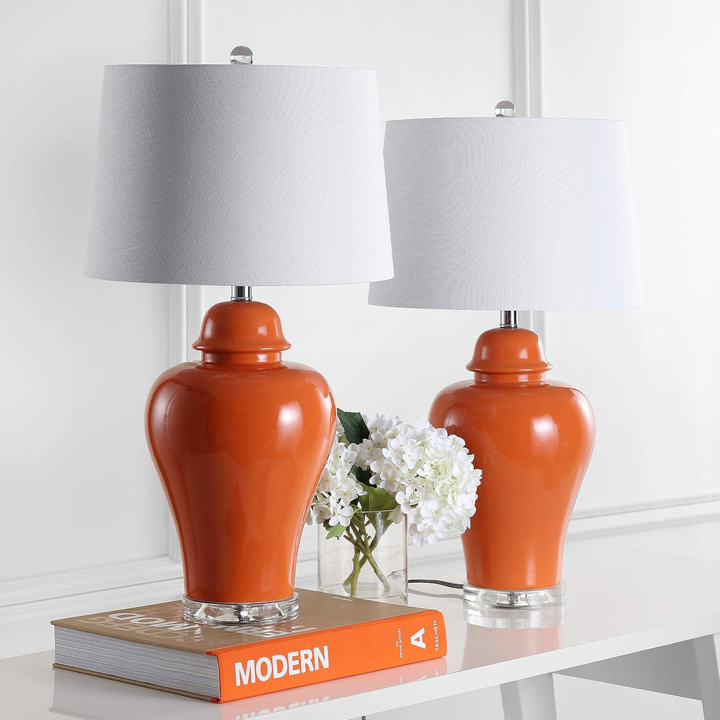 JONATHAN Y 27' Orange Ceramic Urn Table Lamp Set of 2 for Living Room, Bedside Nightstand Lamps for Bedroom, Farmhouse Decor with White Linen Shade, LED Bulbs Included (JYL4020B-SET2)