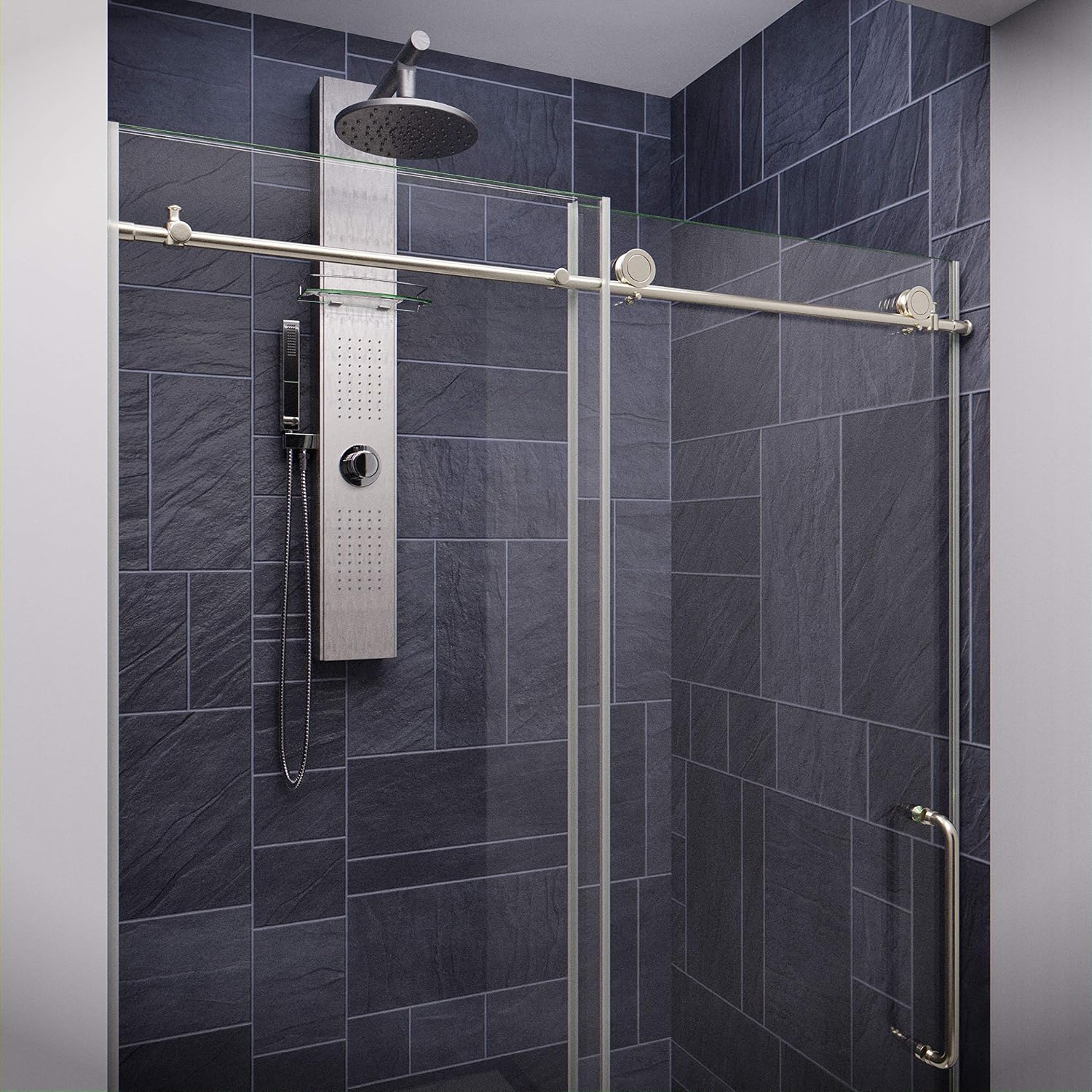 ANZZI 76 x 48 inch Frameless Shower Door | Brushed Nickel | Madam Complete Shower Kit | Water Repellent Sliding Glass Panel + Bottom Seal Strip Parts + Easy Glide Rollers | SD-AZ13-01BN