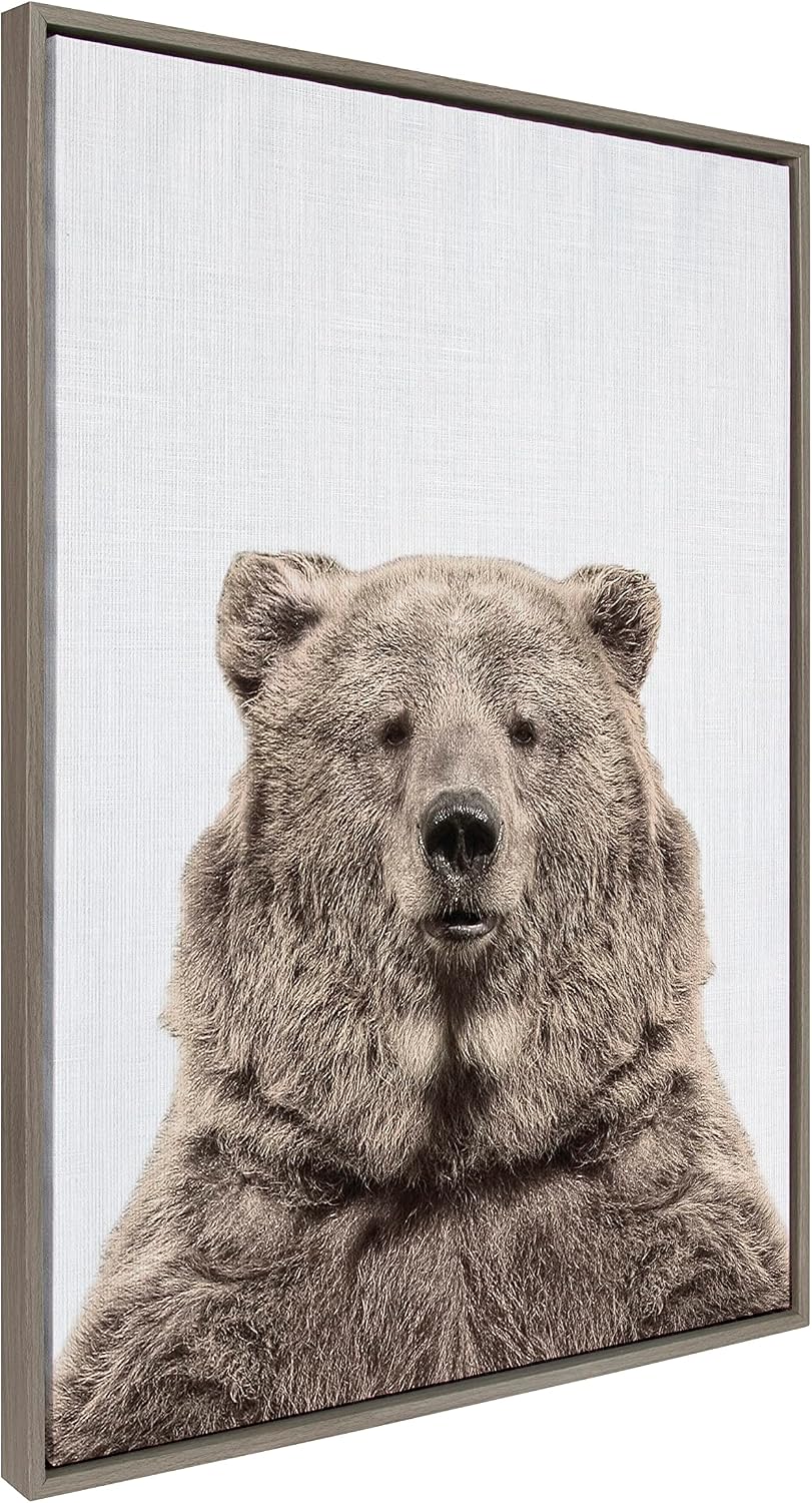 Kate and Laurel Sylvie Bear European Color Framed Canvas Wall Art by Simon Te of Tai Prints; 28x38 Gray; Rustic Animal Wall Decor Art