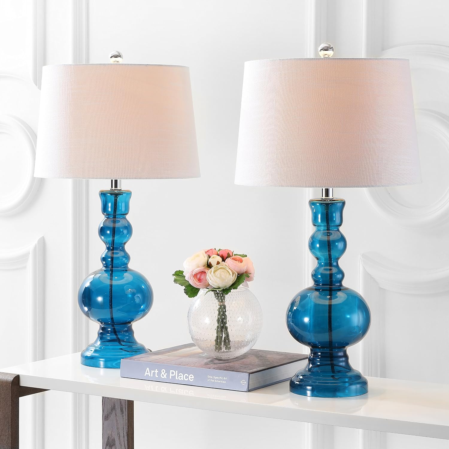 JONATHAN Y 28.5' Night Blue Glass Table Lamp Set of 2 for Living Room Bedroom Decor, Modern Bedside Lamps with White Linen Shade, LED Bulbs Included (JYL1061C-SET2)