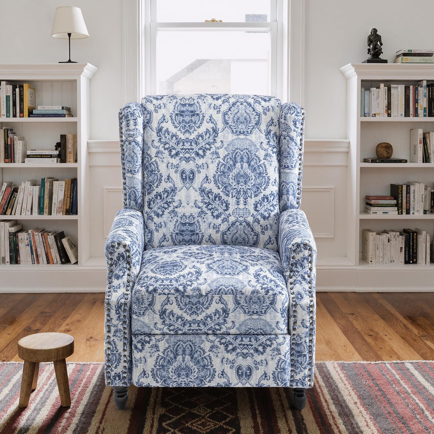 Set of 2 Floral Pushback Recliner Chairs, Fabric Upholstered Rivet Trim Accent Club Chairs for Living Room, Home Theater- Bule Pattern