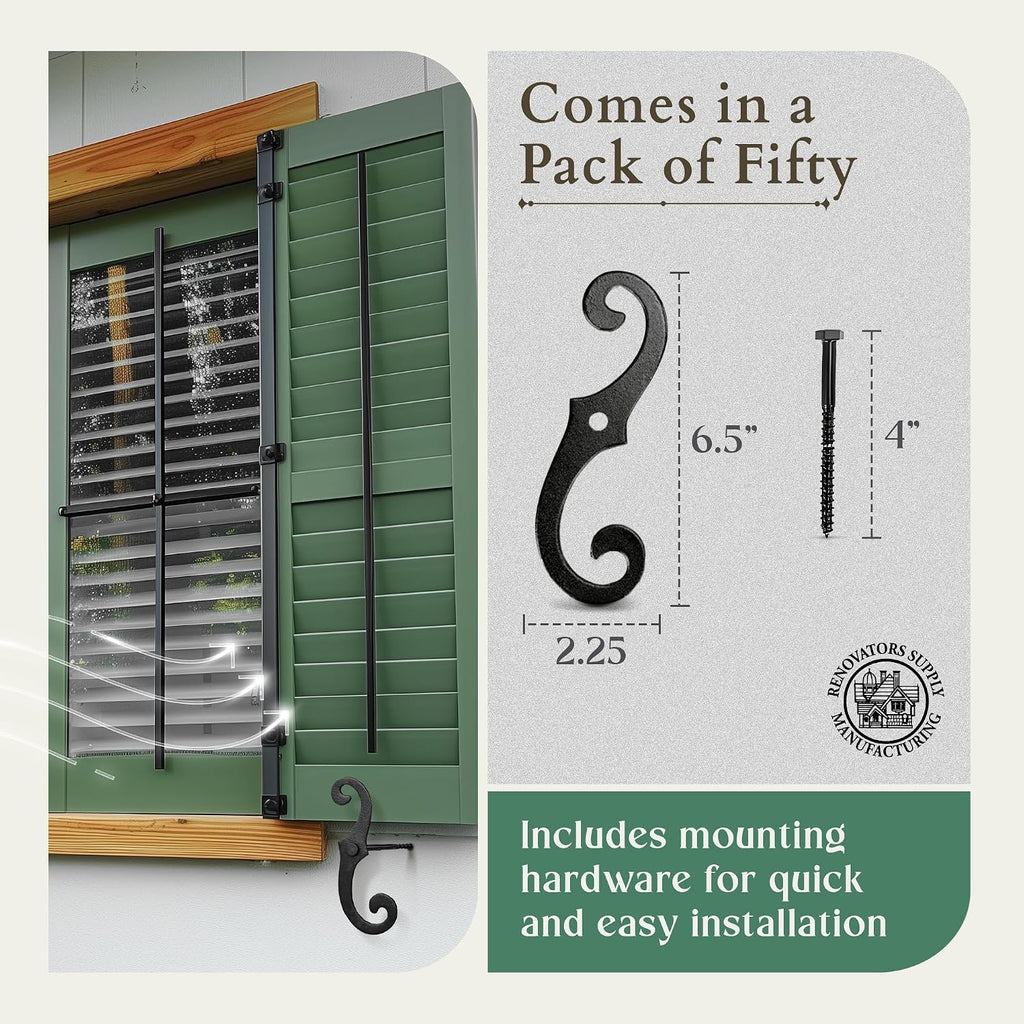 Renovators Supply Decorative S Style Shutter Dogs - Rust Resistant Powder Coated External Shutter Tieback Hardware with Mounting Screws - 6.5 Inches, Cast Aluminum (Pack of 50 Pairs)