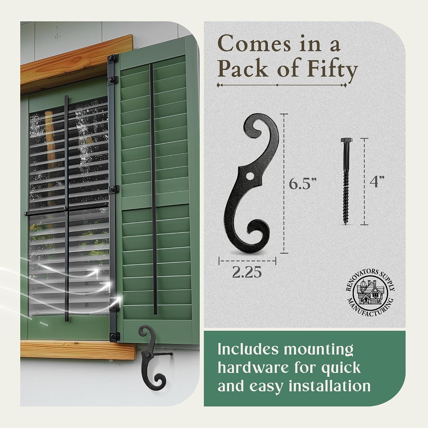 Renovators Supply Decorative S Style Shutter Dogs - Rust Resistant Powder Coated External Shutter Tieback Hardware with Mounting Screws - 6.5 Inches, Cast Aluminum (Pack of 50 Pairs)