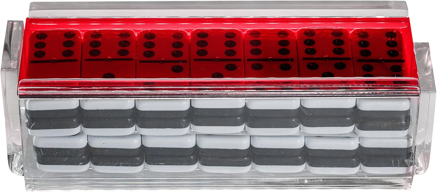 Modern Double Six Jumbo Tiles Dominoes Set, Acrylic Box with Acrylic Lid, Professional Two Toned Black and White Dominoes, Brass Center Rivet, Made in USA (Red)